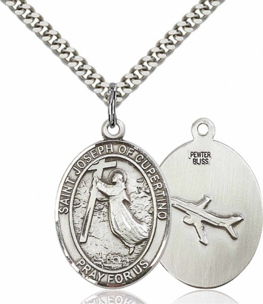 Men's Pewter Oval St. Joseph of Cupertino Medal - 24&quot; 2.4mm Rhodium Plate Endless Chain