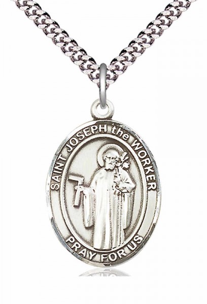 Men's Pewter Oval St. Joseph the Worker Medal - 24&quot; 2.4mm Rhodium Plate Chain + Clasp
