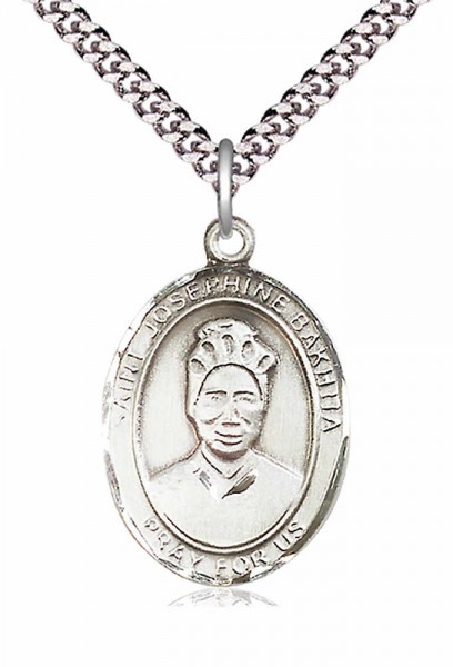 Men's Pewter Oval St. Josephine Bakhita Medal - 24&quot; 2.4mm Rhodium Plate Chain + Clasp