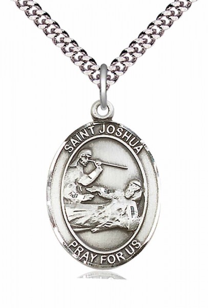 Men's Pewter Oval St. Joshua Medal - 24&quot; 2.4mm Rhodium Plate Chain + Clasp