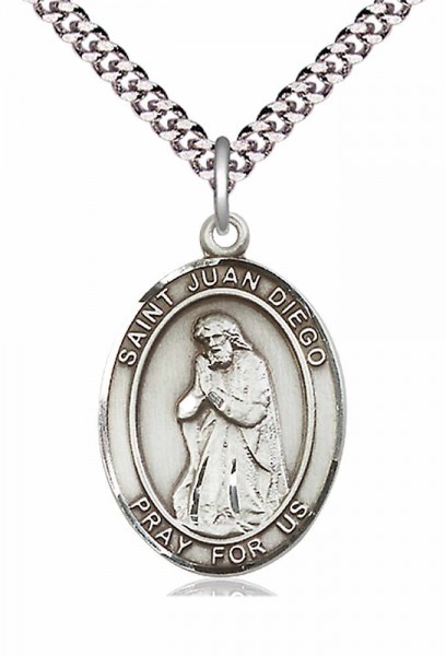 Men's Pewter Oval St. Juan Diego Medal - 24&quot; 2.4mm Rhodium Plate Chain + Clasp