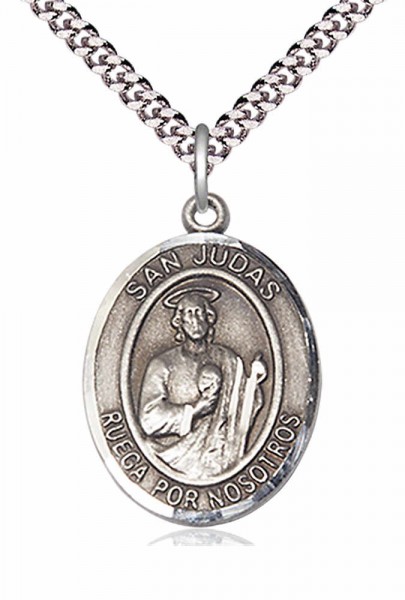 Men's Pewter Oval St. Jude Thaddeus Medal - 20&quot; Rhodium Plate Chain + Clasp