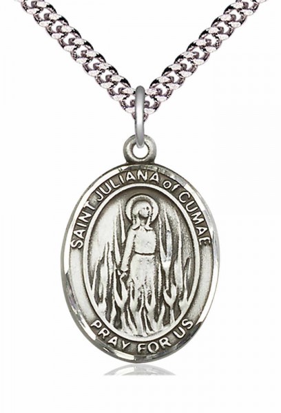 Men's Pewter Oval St. Juliana Medal - 24&quot; 2.4mm Rhodium Plate Chain + Clasp