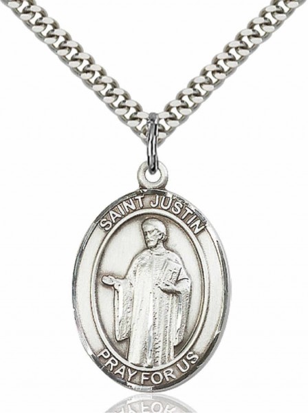 Men's Pewter Oval St. Justin Medal - 24&quot; 2.4mm Rhodium Plate Chain + Clasp