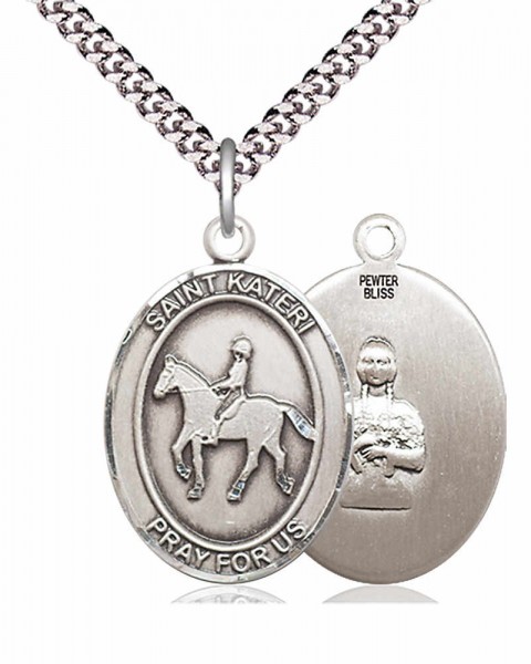 Men's Pewter Oval St. Kateri Equestrian Medal - 24&quot; 2.4mm Rhodium Plate Chain + Clasp
