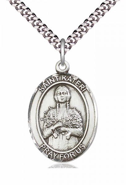 Men's Pewter Oval St. Kateri Medal - 24&quot; 2.4mm Rhodium Plate Chain + Clasp
