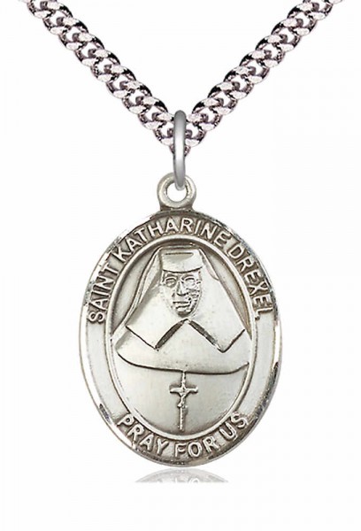 Men's Pewter Oval St. Katharine Drexel Medal - 24&quot; 2.4mm Rhodium Plate Chain + Clasp