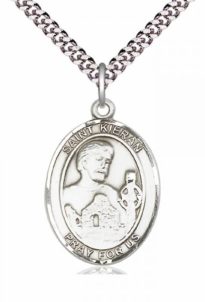 Men's Pewter Oval St. Kieran Medal - 24&quot; 2.4mm Rhodium Plate Chain + Clasp