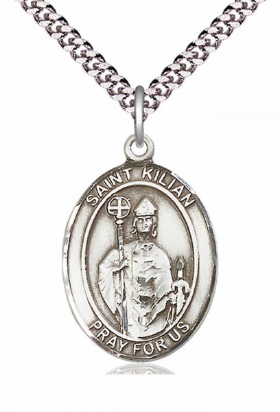 Men's Pewter Oval St. Kilian Medal - 24&quot; 2.4mm Rhodium Plate Endless Chain