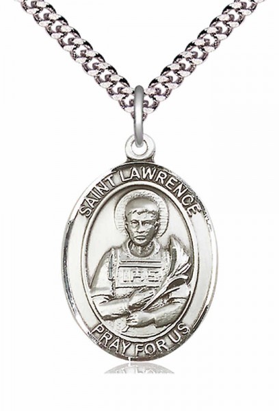 Men's Pewter Oval St. Lawrence Medal - 24&quot; 2.4mm Rhodium Plate Chain + Clasp