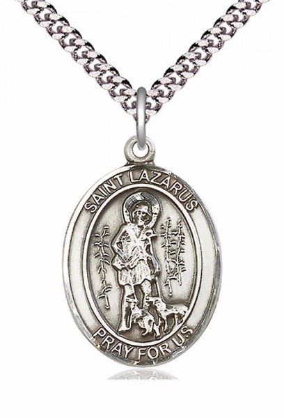 Men's Pewter Oval St. Lazarus Medal - 24&quot; 2.4mm Rhodium Plate Chain + Clasp