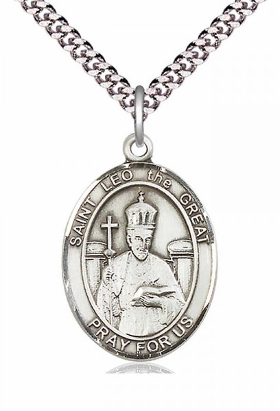 Men's Pewter Oval St. Leo the Great Medal - 24&quot; 2.4mm Rhodium Plate Chain + Clasp