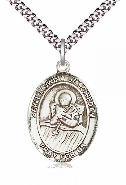 Men's Pewter Oval St. Lidwina of Schiedam Medal - 24&quot; 2.4mm Rhodium Plate Chain + Clasp