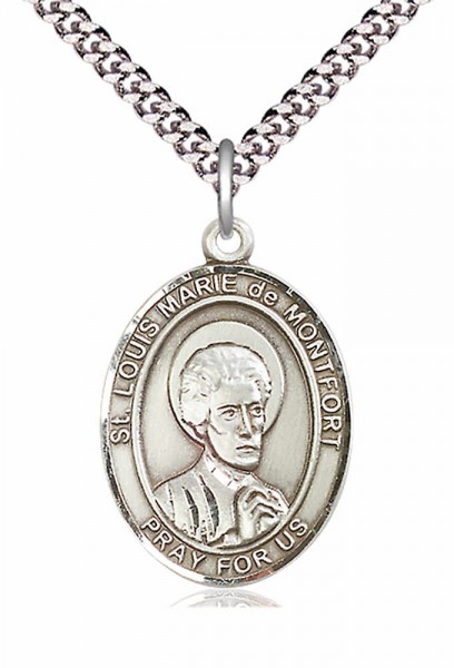 Men's Pewter Oval St. Louis Marie De Montfort Medal - 24&quot; 2.4mm Rhodium Plate Chain + Clasp
