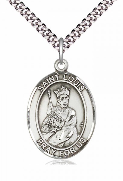 Men's Pewter Oval St. Louis Medal - 24&quot; 2.4mm Rhodium Plate Chain + Clasp