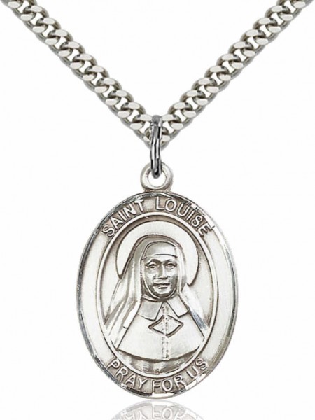 Men's Pewter Oval St. Louise De Marillac Medal - 24&quot; 2.4mm Rhodium Plate Chain + Clasp