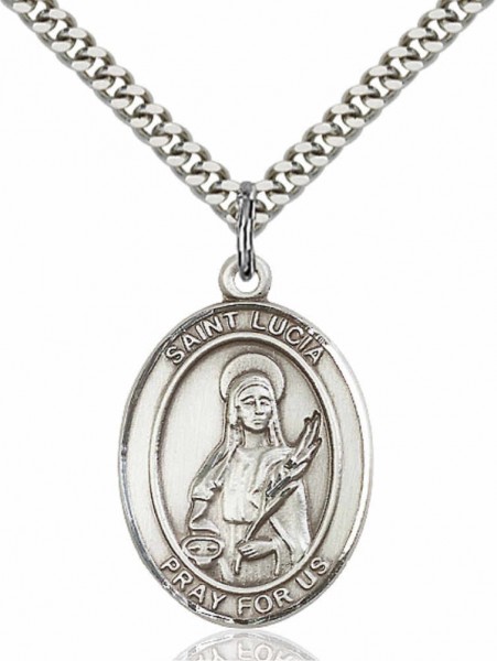 Men's Pewter Oval St. Lucia of Syracuse Medal - 24&quot; 2.4mm Rhodium Plate Chain + Clasp