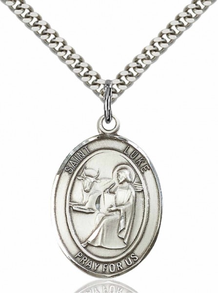 Men's Pewter Oval St. Luke the Apostle Medal - 24&quot; 2.4mm Rhodium Plate Endless Chain