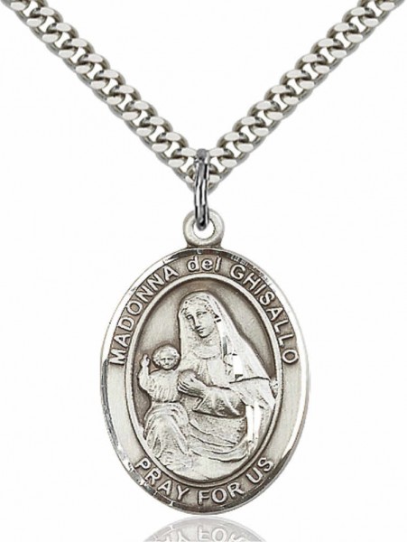 Men's Pewter Oval St. Madonna Del Ghisallo Medal - 24&quot; 2.4mm Rhodium Plate Chain + Clasp