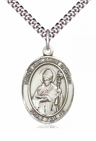 Men's Pewter Oval St. Malachy O'more Medal - 24&quot; 2.4mm Rhodium Plate Chain + Clasp