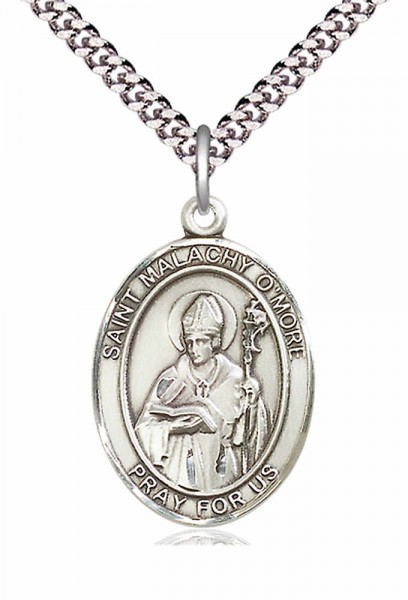 Men's Pewter Oval St. Malachy O'more Medal - 24&quot; 2.4mm Rhodium Plate Endless Chain
