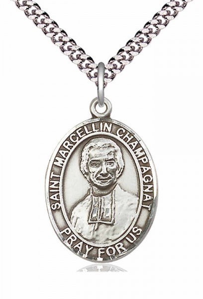 Men's Pewter Oval St. Marcellin Champagnat Medal - 24&quot; 2.4mm Rhodium Plate Chain + Clasp