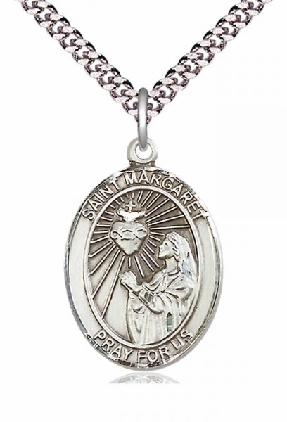 Men's Pewter Oval St. Margaret Mary Alacoque Medal - 24&quot; 2.4mm Rhodium Plate Chain + Clasp