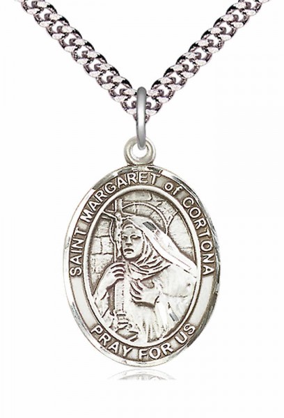 Men's Pewter Oval St. Margaret of Cortona Medal - 24&quot; 2.4mm Rhodium Plate Chain + Clasp