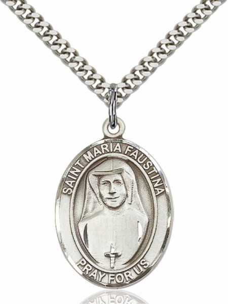 Men's Pewter Oval St. Maria Faustina Medal - 24&quot; 2.4mm Rhodium Plate Chain + Clasp