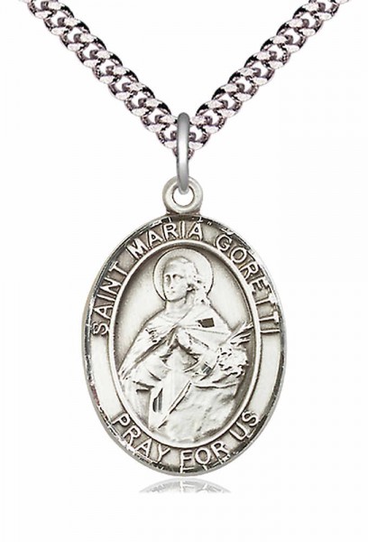Men's Pewter Oval St. Maria Goretti Medal - 24&quot; 2.4mm Rhodium Plate Chain + Clasp