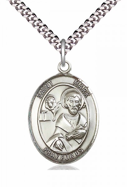 Men's Pewter Oval St. Mark the Evangelist Medal - 24&quot; 2.4mm Rhodium Plate Chain + Clasp