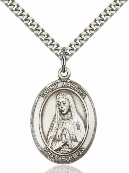 Men's Pewter Oval St. Martha Medal - 24&quot; 2.4mm Rhodium Plate Chain + Clasp