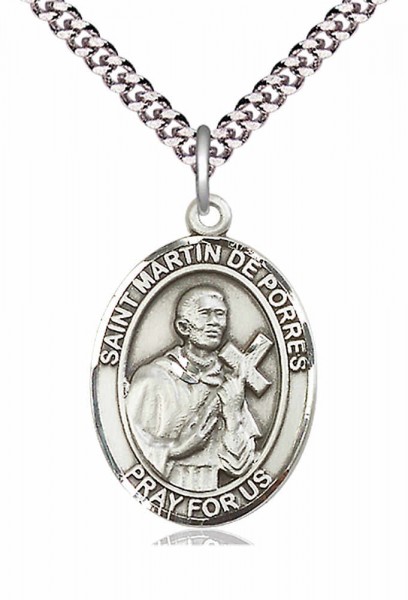 Men's Pewter Oval St. Martin de Porres Medal - 24&quot; 2.4mm Rhodium Plate Chain + Clasp