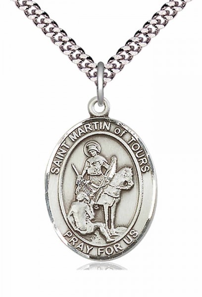 Men's Pewter Oval St. Martin of Tours Medal - 24&quot; 2.4mm Rhodium Plate Chain + Clasp