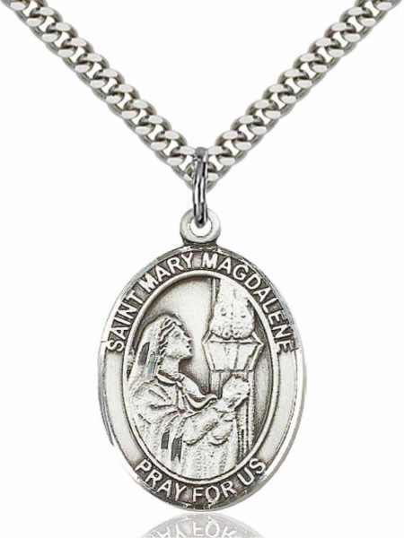 Men's Pewter Oval St. Mary Magdalene Medal - 24&quot; 2.4mm Rhodium Plate Chain + Clasp