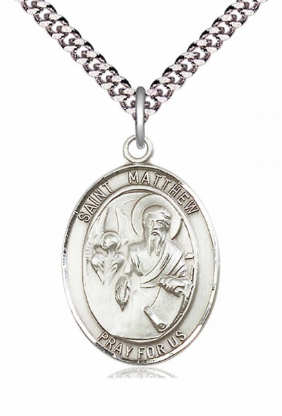 Men's Pewter Oval St. Matthew the Apostle Medal - 24&quot; 2.4mm Rhodium Plate Chain + Clasp