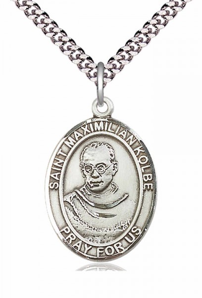 Men's Pewter Oval St. Maximilian Kolbe Medal - 24&quot; 2.4mm Rhodium Plate Chain + Clasp