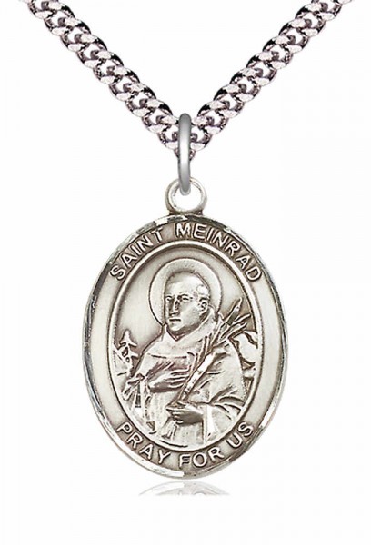 Men's Pewter Oval St. Meinrad of Einsideln Medal - 24&quot; 2.4mm Rhodium Plate Chain + Clasp