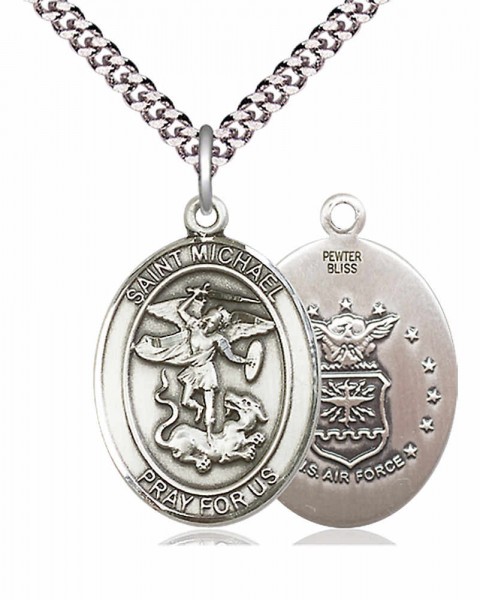 Men's Pewter Oval St. Michael Air Force Medal - 24&quot; 2.4mm Rhodium Plate Chain + Clasp