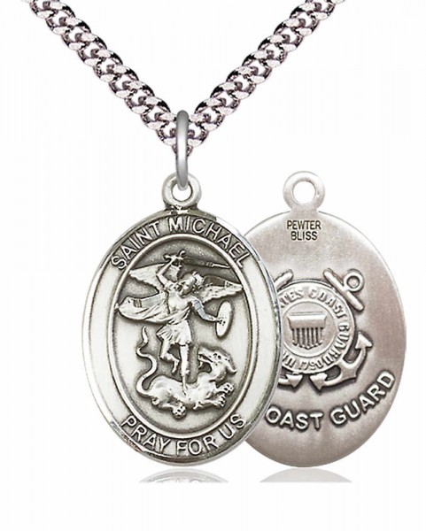 Men's Pewter Oval St. Michael Coast Guard Medal - 24&quot; 2.4mm Rhodium Plate Chain + Clasp
