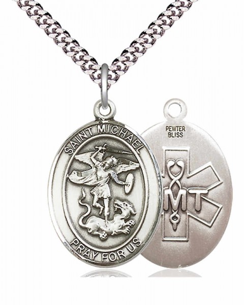 Men's Pewter Oval St. Michael EMT Medal - 24&quot; 2.4mm Rhodium Plate Chain + Clasp