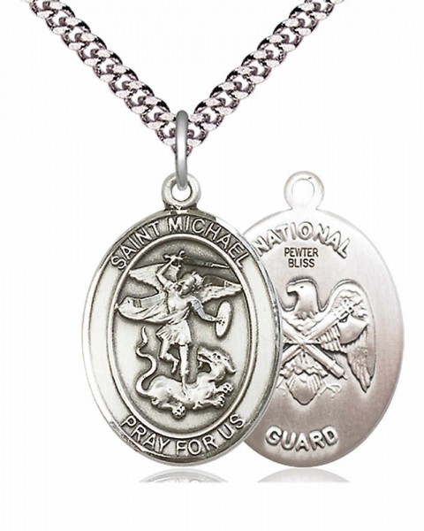 Men's Pewter Oval St. Michael National Guard Medal - 24&quot; 2.4mm Rhodium Plate Chain + Clasp