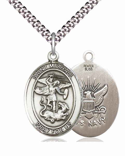 Men's Pewter Oval St. Michael Navy Medal - 24&quot; 2.4mm Rhodium Plate Chain + Clasp