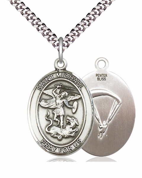 Men's Pewter Oval St. Michael Paratrooper Medal - 24&quot; 2.4mm Rhodium Plate Chain + Clasp