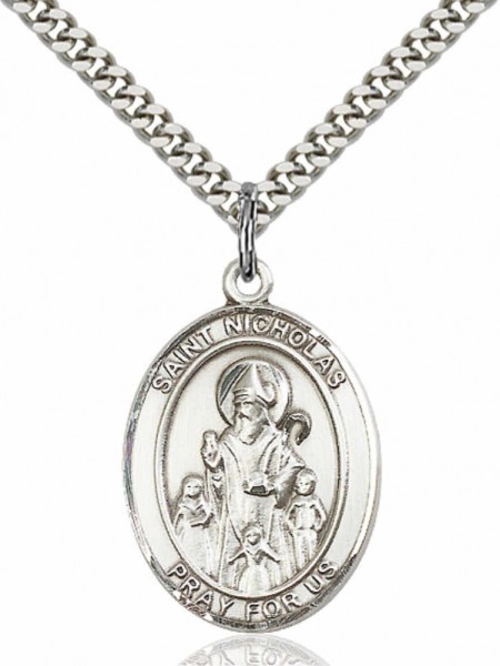 Men's Pewter Oval St. Nicholas Medal - 24&quot; 2.4mm Rhodium Plate Chain + Clasp
