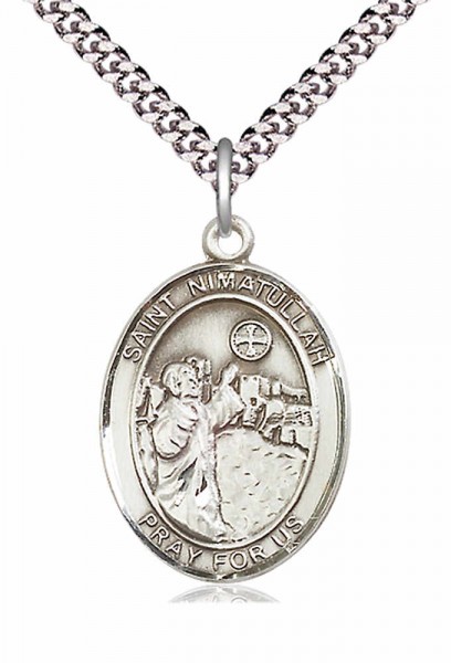 Men's Pewter Oval St. Nimatullah Medal - 24&quot; 2.4mm Rhodium Plate Chain + Clasp