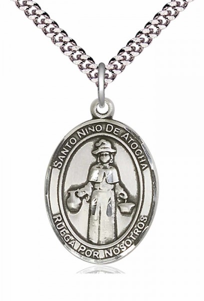 Men's Pewter Oval St. Nino De Atocha Medal - 24&quot; 2.4mm Rhodium Plate Chain + Clasp