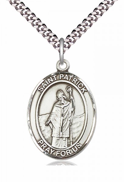 Men's Pewter Oval St. Patrick Medal - 24&quot; 2.4mm Rhodium Plate Chain + Clasp