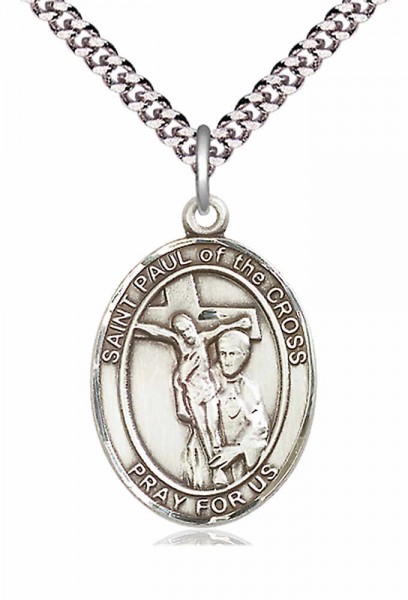 Men's Pewter Oval St. Paul of the Cross Medal - 24&quot; 2.4mm Rhodium Plate Chain + Clasp