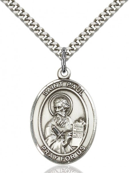 Men's Pewter Oval St. Paul the Apostle Medal - 24&quot; 2.4mm Rhodium Plate Endless Chain